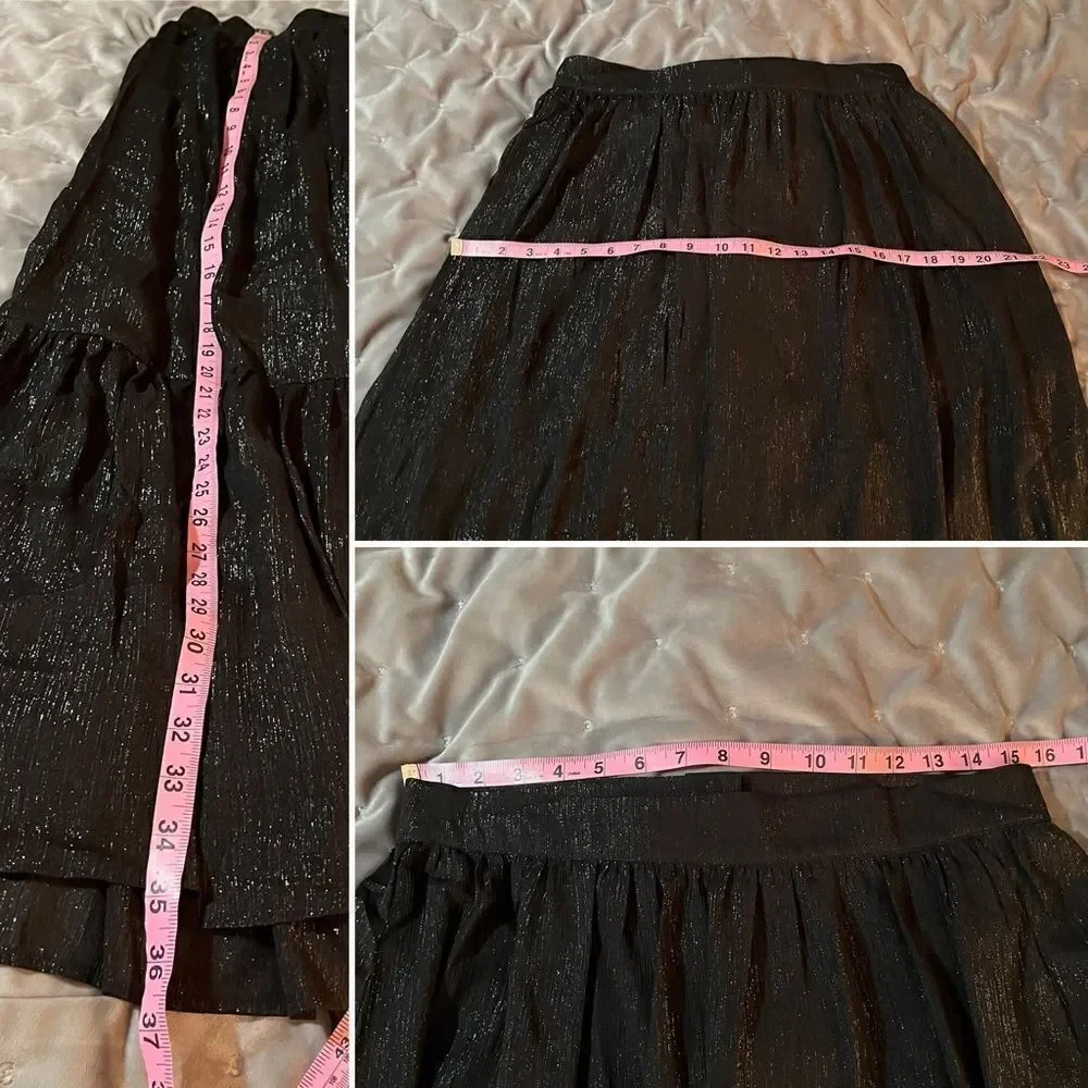Modcloth Shimmering Rainfall Metallic Midi Skirt Tier Aline Black AU 12 US 8 NWT